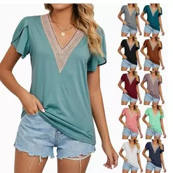Women s Patchwork V-neck T Shirt Short-sleeved Loose Top S белый