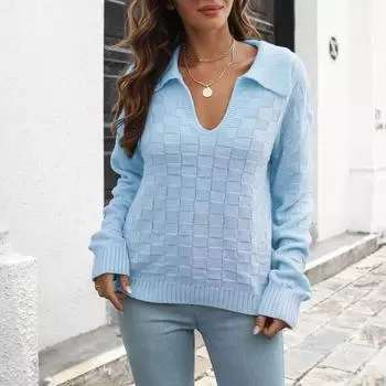 Women s Plaid Three-dimensional Lapel Sweater Loose Winter Long Sleeve L