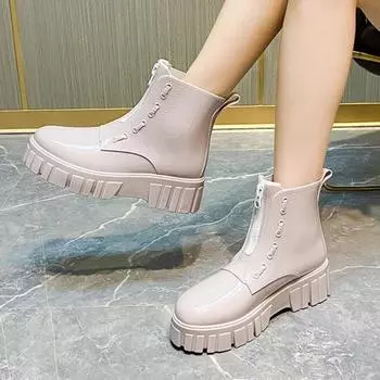 Women s Platform Ankle Boots New Fashion Zip Pu Leather Short Boots for Women 5cm Heel Ladies Botas Female Shoes 36 абрикосовый