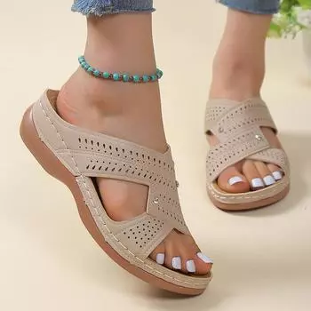 Women s Platform Slippers Summer 2024 Cross Strap Med Heels Soft Slides Woman Light Non-Slip Casual Beach Shoes Plus Size 43 35 бежевый