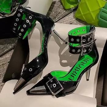 Women s Pointed Toe Metal Buckle Rivet Sandals Punk Style High Heels Female Black Female Summer Sandalias De Mujer 2025 34 чёрный