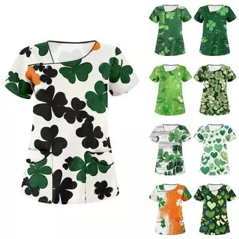 Women s Printed Work Clothes With Skew Collar And Double Layer Pocket Basic Tops Pullover XXL