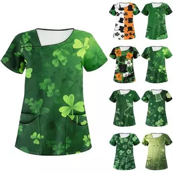 Women s Printed Work Clothes With Skew Collar And Double Layer Pocket Basic Tops Pullover XL
