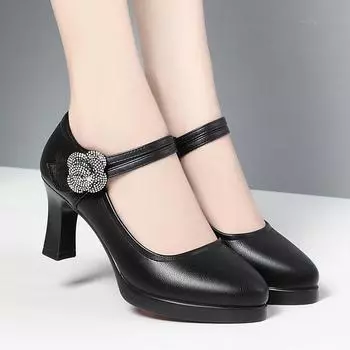 Women s Pumps Pointed Toe Office Soft Leather Flower Buckle Strap Platform High Heels Four Season Shallow Mouth Single Shoes 34(Foot22cm)