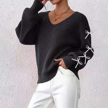 Women s Ribbon Bow Decorated Knitted Pullover L чёрный