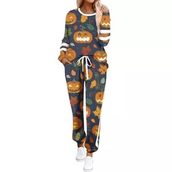 Women s Round Neck Long Sleeve Suit Halloween Printed Casual Suit Long Pants With Pockets L верблюд