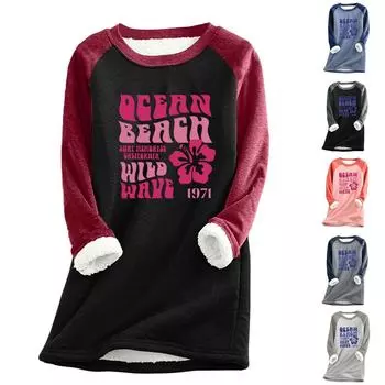 Women s Round Neck Print Thickened Plush Cashmere Warm Long Top L синий