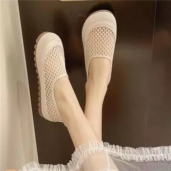 Women s Round Toe Flat Shoes Slip on Casual Shoes Non-slip Loafers New Mesh Plus Size Flats Women Summer Breathable Shoes Women 35 бежевый