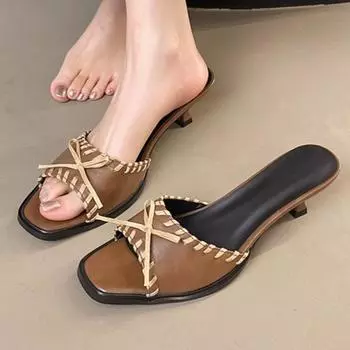 Women s Sandals 2025 New Style Trendy Retro Open-toe Flip-flops Sexy Party and High-heeled Shoes Large Size 42 35 коричневый