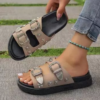 Women s Sandals Platform Sole Metal Buckle Rivet Shoes Women Leisure Beach British Style Anti-slip Summer Zapatillas De Mujer 35 хаки