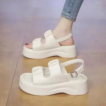 Women s Sandals Platform Sole One-line Buckle Pleated Round Toe Shoes Women Leisure 5.5cm Heel High Concise Sandalias De Mujer 35 бежевый
