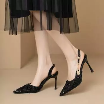 Women s Sandals Summer New Pointed Head Sequin Temperament Cloth Covered Head Buckle Sandals Casual Fashion High Heels 35