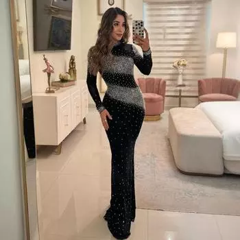 Women s Semi-high Neck Sexy Bag Buttock Long Dress Dress Party Hot Diamond S чёрный