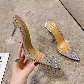 Women s Sexy High Heels Slippers summer Crystal High Heels Rhinestone Outer Slippers Comfortable Shallow Mouth Women s Shoes 35