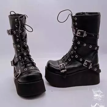 Women s Shoes 2024 Side Zipper Women s Boots Fashion Belt Buckle Modern Boots Women New Front Lace-up Platform Mid-Calf Boots 35 чёрный