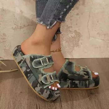 Women s Shoes 2024 Summer High Quality Color Block Fashion Open Toe Women s Slippers Mid Heel Buckle Roman Women s Beach Shoes 36 камуфляжный