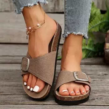 Women s Shoes 2024 Summer Hot Selling Fashion Open Toe Solid Color Medium Heel Flat Bottom Buckle Roman Women s Beach Slippers 35 бежевый