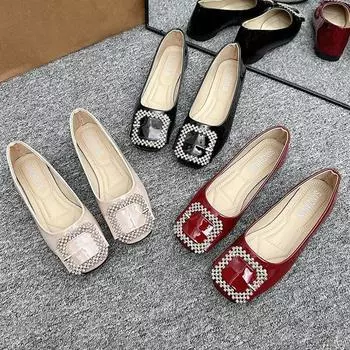 Women s Shoes Fashion Square Button Pumps Soft Sole Flats Leather Boat Shoes Comfortable Slip-on Loafers Office Lady Work Shoes 36 бежевый