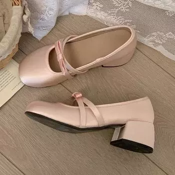 Women s shoes pink thick heel Mary Jane shoes women s new spring and autumn shallow mouth round head single shoes 35