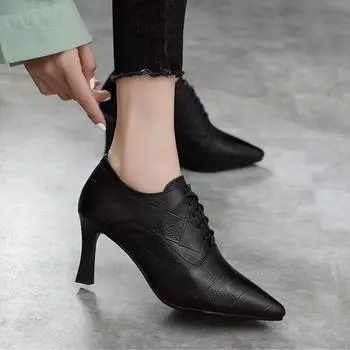 Women s shoes spring new deep mouth single shoes first layer embossed plaid leather pointed fashion high heel short boots 35