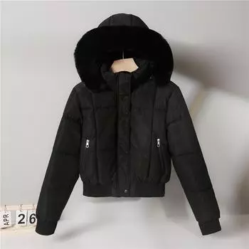 Women s Short Hooded Padded Coat 2025 New Winter Korean Style Loose Thick Fleece Hooded Jacket with Large Plush Collar Bread Coat Trendy Outerwear M