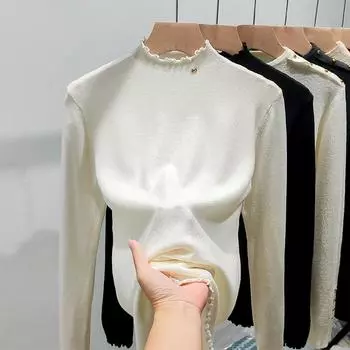 Women s Slim Half high collar Knitted Sweater, Long Sleeve, Bottoming Pullover, Solid Thin Tops, Casual Clothing, Autumn,winter One Size