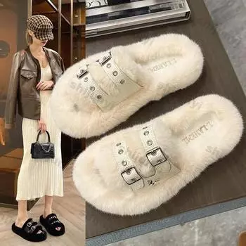 Women s Slippers 2024 New Korean Warm Home Fashion Plush Fluffy Slippers Solid Color Indoor Belt Buckle Outdoor Cotton Slippers 35 бежевый