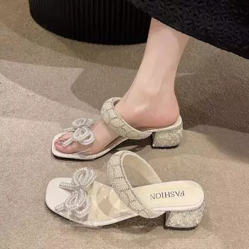 Women s Slippers and Ladies Sandals Crystals Summer 2024 High Up To 5cm Heel Slides Clear Shoes Jewels Rhenstone White Wedding W 34