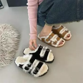 Women s Slippers Autumn Winter Faux Suede Plush Slippers Classic Belt Buckle Slides Fashion Outdoor Soft Casual Slippers 35 чёрный