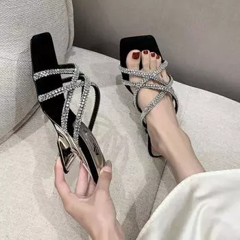 Women s Slippers Summer New High-heeled Square Head Rhinestone Slim Combination of Sandals Casual Fashion Slim Slippers 35 коричневый