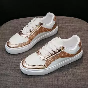 Женские кроссовки Bling Casual Vulcanized Sport Shoes Fashion White Shoes for Women Lace-up Flats 35