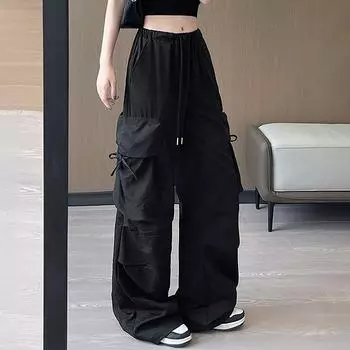 Women s Solid Color Casual Pants Elastic Waist Sprort Pants With Pockets L чёрный