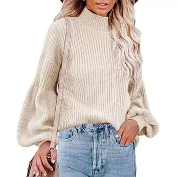 Women s Solid Color High Collar Long Sleeve Pullover Blouse Knitted Sweater XXL