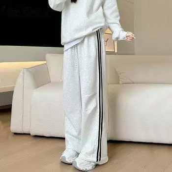 Women s Solid Colour Stripe Patchwork Trousers Lace Up Pocket Drawstring Straight Leg Pants M