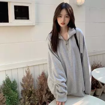 Women s Spring and Autumn Medium Long Loose Pullover Top Student Half Open Neck Casual Sweatshirt 2XL серый