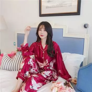 Женский костюм из шелка Ice Silk с длинными рукавами, корейский кардиган, топ + брюки, домашняя одежда, комплект из двух предметов 5XL