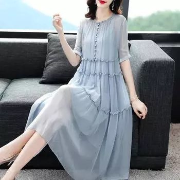 Women s Spring and Summer Round Neck Plus Size Loose Temperament Thin Medium-length Skirt S