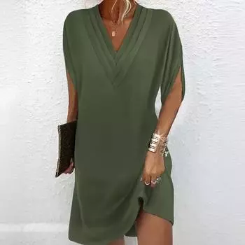 Women s Spring and Summer V-neck Pleated Batsleeved Dress S зелёный