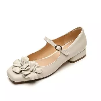 Women s Spring Elegant Single Low Heel Women s Party Shoes Silver Beige High Heels Flat Small Leather Shoes Flowers 35