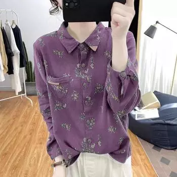 Women s Spring Plus Size Printed Age Reducing Top Autumn Retro Base Shirt Lapel Casual Button Up Shirt 4XL