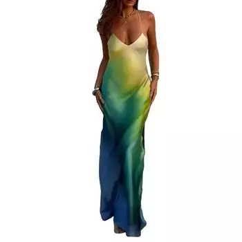Women s Summer Cami Long Dress Gradient Color Spaghetti Strap V-Neck Backless Beach Party Dress L синий
