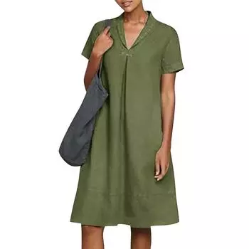 Women s Summer Casual Midi Short Sleeve Dresses Solid Color V-Neck Beach Vacation Dresses L армия зеленый