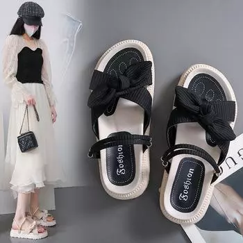 Women s Summer Design Comfortable Thick Bottom Sandals Slippers Cloth Round Head One Word Two Wear Beach Shoes 40 чёрный