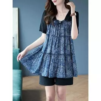 Women s Summer Design Loose Short Sleeve Chiffon Shirt Lace Splicing Slim Top 3XL темно-синий