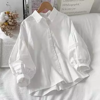 Women s Summer Design Seven Points Bubble Sleeve Shirt Solid Color Lapel Single Row Multi Button Top 2XL белый