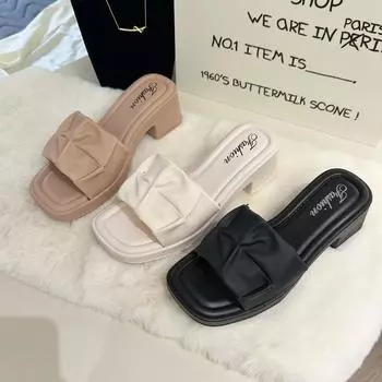 Women s Summer Fairy Style High Heels Outdoor Slippers Comfortable Pleated Belt Thick Heel Straight Strap Cool Foreign Trade 36-37 чёрный