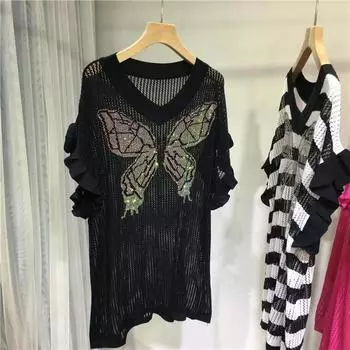 Women s Summer Hollow Loose Thin V-neck Knit Sweater Striped Short-sleeved Ice Silk Pullover Tops 3XL белый
