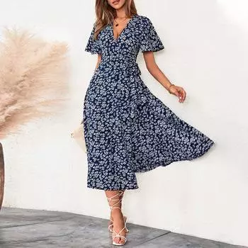 Women s Summer Maxi Dress Ruffle Print V-Neck Short Sleeve Dress L синий