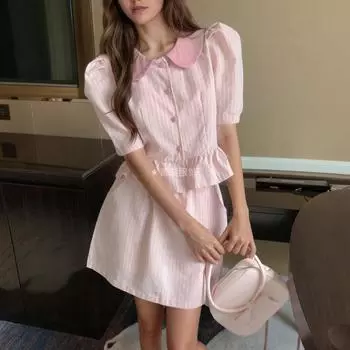 Women s Summer New Striped Lapel Top Shirt Elastic Waist Pocket Short Skirt Set M