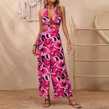 Women s Summer One Piece Holiday Beach Sexy Bustier Backless Printed Jumpsuit S розы красного